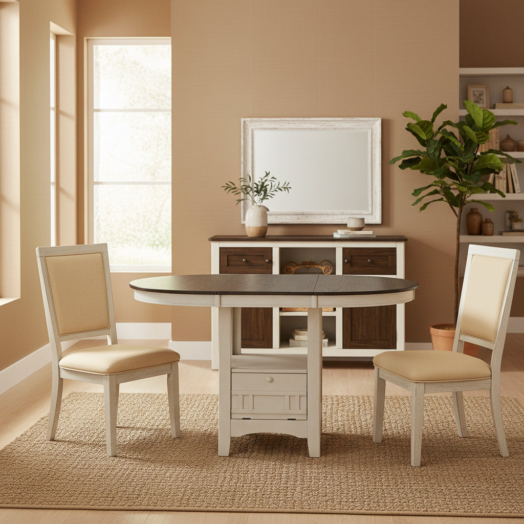 Glee 42-60 Inch Extendable Counter Height Table, Antique White and Brown