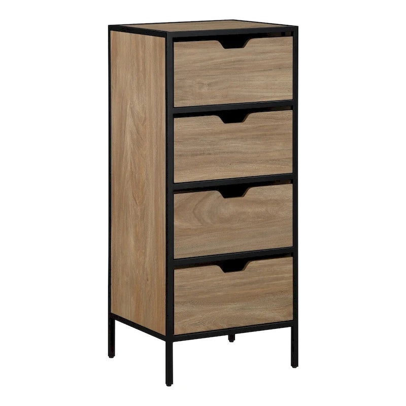 Meuble de rangement d'appoint à 4 tiroirs, cadre en acier, finition en stratifié imitation grain de bois, 16"L x 38,5"H, entièrement assemblé