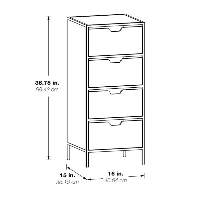 Meuble de rangement d'appoint à 4 tiroirs, cadre en acier, finition en stratifié imitation grain de bois, 16"L x 38,5"H, entièrement assemblé