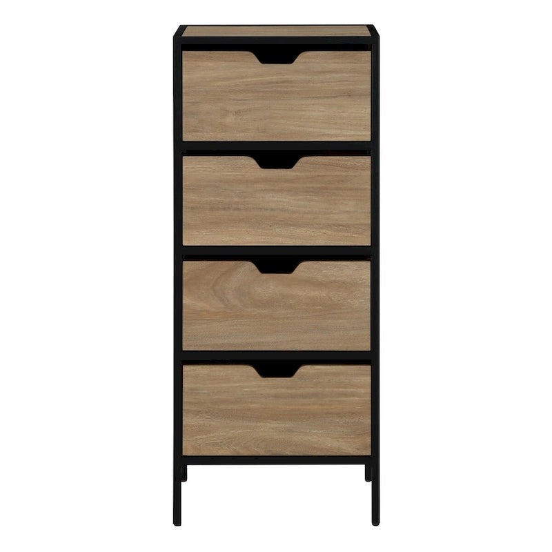 Meuble de rangement d'appoint à 4 tiroirs, cadre en acier, finition en stratifié imitation grain de bois, 16"L x 38,5"H, entièrement assemblé