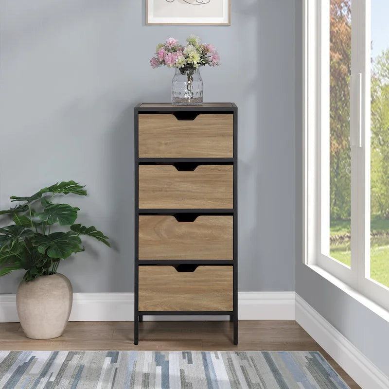 Meuble de rangement d'appoint à 4 tiroirs, cadre en acier, finition en stratifié imitation grain de bois, 16"L x 38,5"H, entièrement assemblé