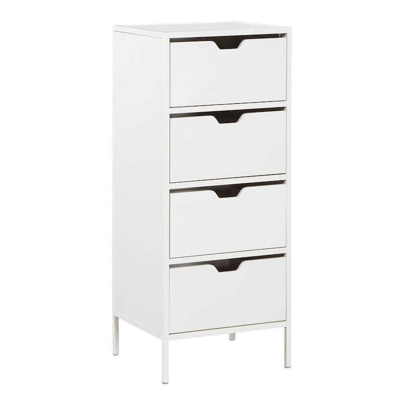 Meuble de rangement d'appoint à 4 tiroirs, cadre en acier, finition en stratifié imitation grain de bois, 16"L x 38,5"H, entièrement assemblé