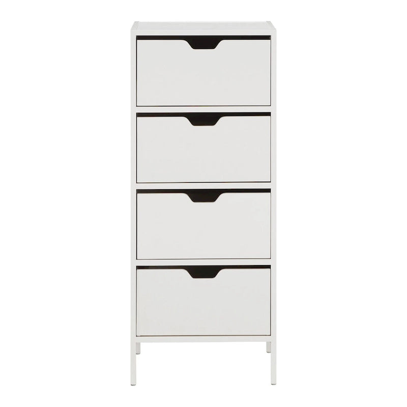 Meuble de rangement d'appoint à 4 tiroirs, cadre en acier, finition en stratifié imitation grain de bois, 16"L x 38,5"H, entièrement assemblé