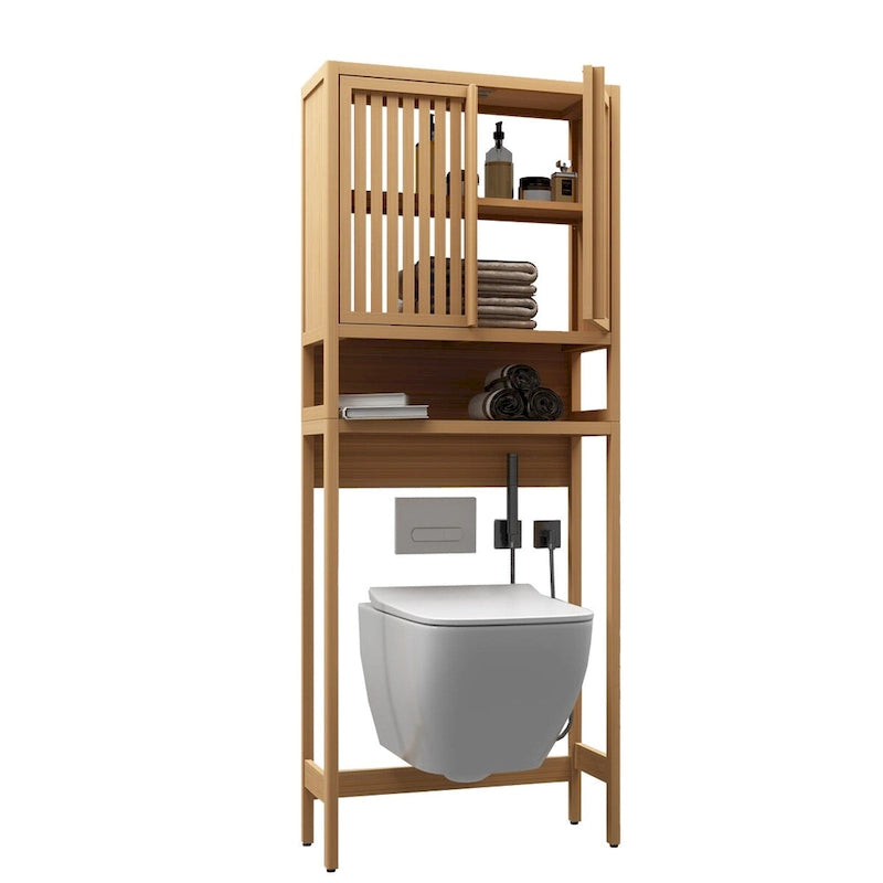 Meuble de rangement pour toilettes en bambou avec étagère et portes doubles