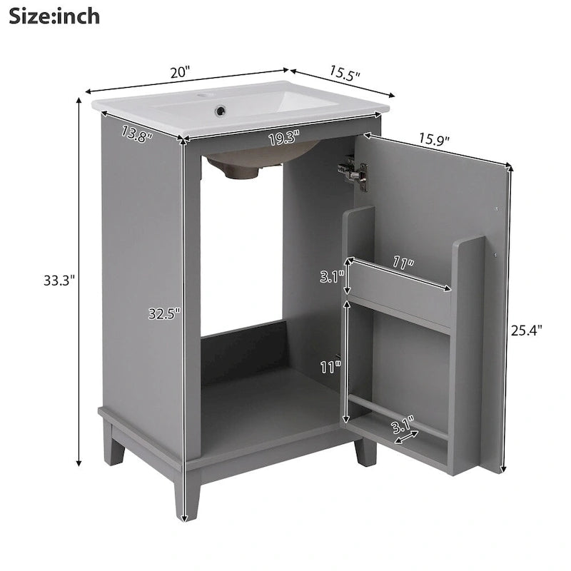 Meuble-lavabo moderne de 20 pouces pour petite salle de bain avec vasque en céramique